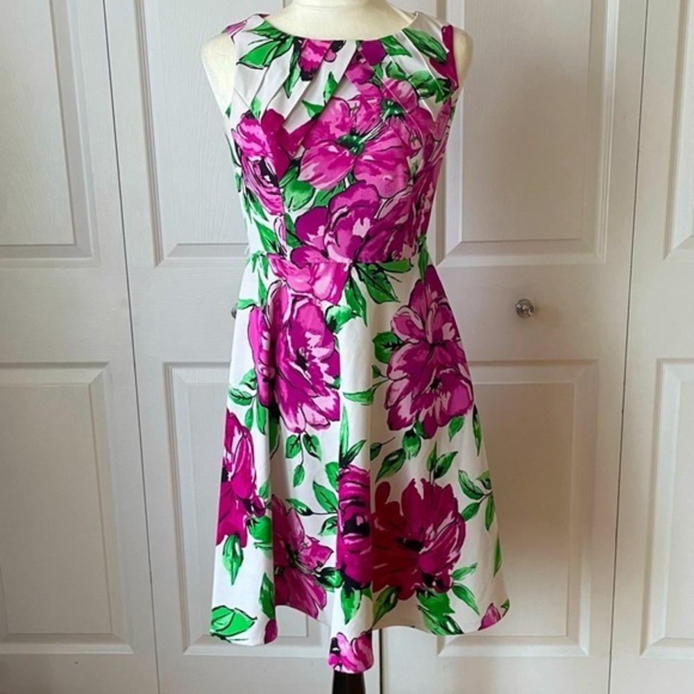 Alyx Dress Womens Fit Flare Stretch Belted Pleated Pink Floral Dress Size 4